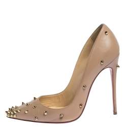 Pre Owned Christian Louboutin Beige Spike Embellished Leather Degraspike Pointed Toe Pumps Size 37.5