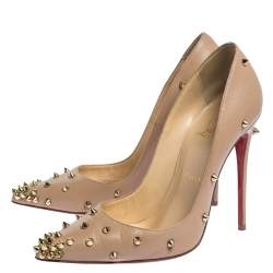 Pre Owned Christian Louboutin Beige Spike Embellished Leather Degraspike Pointed Toe Pumps Size 37.5