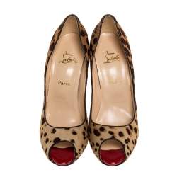 مملوكة مسبقًا حذاء كعب عالي كريستيان لوبوتان "فلو" مقدمة مفتوحة شعر حصان مطبوع نقشة الفهد مقاس 42