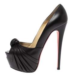 Pre Owned Christian Louboutin Black Leather Lady Gres Knotted Peep Toe Pumps Size 38.5