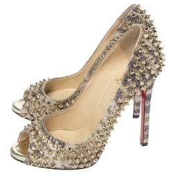 Pre Owned Christian Louboutin Gold Glitter Spike Peep Toe Pumps Size 38