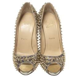 Pre Owned Christian Louboutin Gold Glitter Spike Peep Toe Pumps Size 38