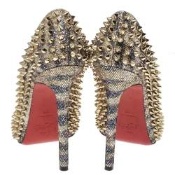 Pre Owned Christian Louboutin Gold Glitter Spike Peep Toe Pumps Size 38