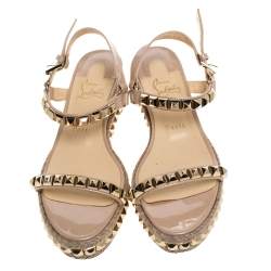 Pre Owned Christian Louboutin Beige Patent And Gold Studded Leather Cataclou Espadrille Wedge Sandals Size 39