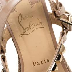 Pre Owned Christian Louboutin Beige Patent And Gold Studded Leather Cataclou Espadrille Wedge Sandals Size 39