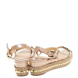 Pre Owned Christian Louboutin Beige Patent And Gold Studded Leather Cataclou Espadrille Wedge Sandals Size 39
