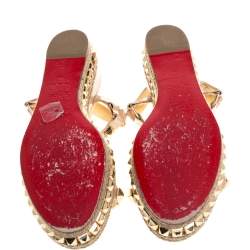 Pre Owned Christian Louboutin Beige Patent And Gold Studded Leather Cataclou Espadrille Wedge Sandals Size 39