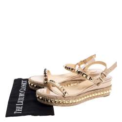Pre Owned Christian Louboutin Beige Patent And Gold Studded Leather Cataclou Espadrille Wedge Sandals Size 39