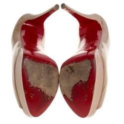 Pre Owned  Christian Louboutin Beige Patent Leather Lady Peep Toe Platform Pumps Size 39.5