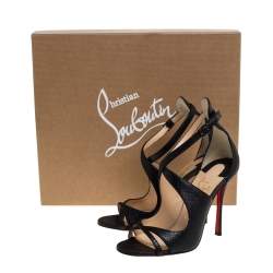 Pre Owned Christian Louboutin Black Lizard Embossed Leather Malefissima Ankle Strap Sandals Size 36.5