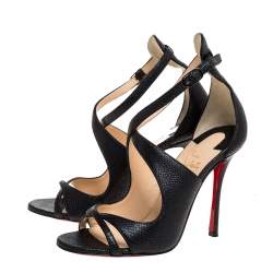 Pre Owned Christian Louboutin Black Lizard Embossed Leather Malefissima Ankle Strap Sandals Size 36.5