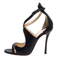 Pre Owned Christian Louboutin Black Lizard Embossed Leather Malefissima Ankle Strap Sandals Size 36.5