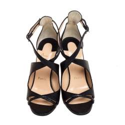 Pre Owned Christian Louboutin Black Lizard Embossed Leather Malefissima Ankle Strap Sandals Size 36.5