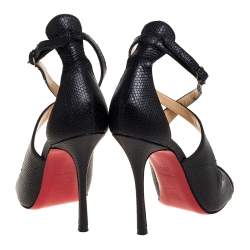 Pre Owned Christian Louboutin Black Lizard Embossed Leather Malefissima Ankle Strap Sandals Size 36.5