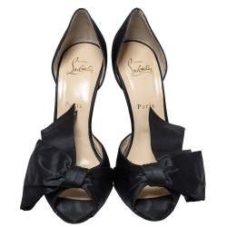 Pre Owned Christian Louboutin Black Satin Bow T Dorcet Peep Toe Pumps Size 39