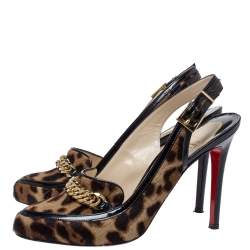 Pre Owned صندل كريستيان لوبوتان فتحة كعب زخرفة سلسلة حافة لامع أسود وشعر مهر طباعة فهد مقاس 40