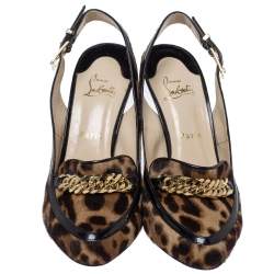 Pre Owned صندل كريستيان لوبوتان فتحة كعب زخرفة سلسلة حافة لامع أسود وشعر مهر طباعة فهد مقاس 40