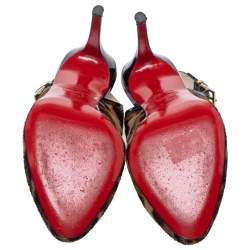 Pre Owned صندل كريستيان لوبوتان فتحة كعب زخرفة سلسلة حافة لامع أسود وشعر مهر طباعة فهد مقاس 40