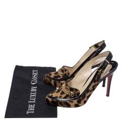 Pre Owned صندل كريستيان لوبوتان فتحة كعب زخرفة سلسلة حافة لامع أسود وشعر مهر طباعة فهد مقاس 40