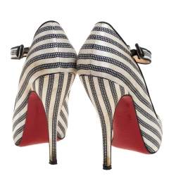 Pre Owned Christian Louboutin White/Black Satin Peep Toe Mary Jane Pumps Size 38