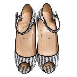 Pre Owned Christian Louboutin White/Black Satin Peep Toe Mary Jane Pumps Size 38