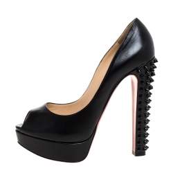 Pre Owned Christian Louboutin Black Leather And Patent 'Babel Clou' Platform Peep Toe Pumps Size 39.5