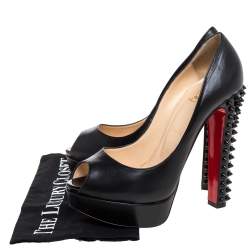 Pre Owned Christian Louboutin Black Leather And Patent 'Babel Clou' Platform Peep Toe Pumps Size 39.5