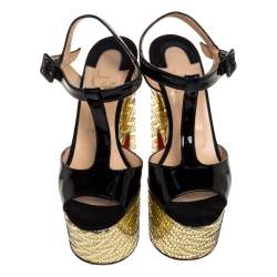 Christian Louboutin Black Patent And Metallic Gold Wedge 'So Bella' T-Bar Open Toe Sandals Size 38