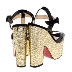 Christian Louboutin Black Patent And Metallic Gold Wedge 'So Bella' T-Bar Open Toe Sandals Size 38