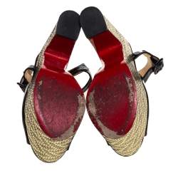 Christian Louboutin Black Patent And Metallic Gold Wedge 'So Bella' T-Bar Open Toe Sandals Size 38