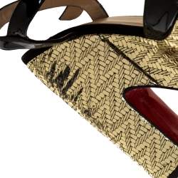 Christian Louboutin Black Patent And Metallic Gold Wedge 'So Bella' T-Bar Open Toe Sandals Size 38