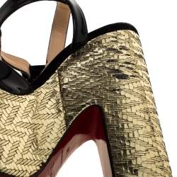 Christian Louboutin Black Patent And Metallic Gold Wedge 'So Bella' T-Bar Open Toe Sandals Size 38
