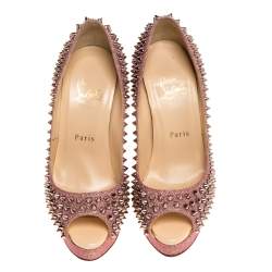 Pre Owned Christian Louboutin Pink Glitter Fabric Lady Peep Spike Platform Pumps Size 37.5 