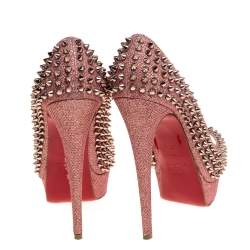 Pre Owned Christian Louboutin Pink Glitter Fabric Lady Peep Spike Platform Pumps Size 37.5 