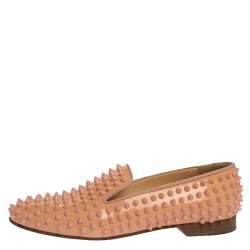 Christian Louboutin Peach Patent Leather Rolling Spike Slip On Loafers Size 40