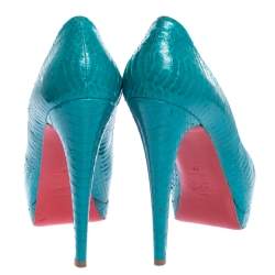 Christian Louboutin Turquoise Snakeskin Lady Peep Toe Platform Pumps Size 39