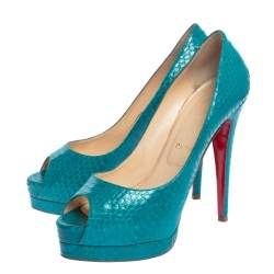 Christian Louboutin Turquoise Snakeskin Lady Peep Toe Platform Pumps Size 39