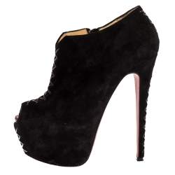 مملوكة مسبقًا Christian Louboutin Black Suede Recouzetta Peep Toe Platform Ankle Boots Size 39.5
