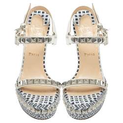 ممل وكة مسبقًا Christian Louboutin White/Blue Studded Leather Cataclou Espadrille Wedge Sandals Size 38