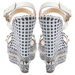 مملوكة مسبقًا Christian Louboutin White/Blue Studded Leather Cataclou Espadrille Wedge Sandals Size 38