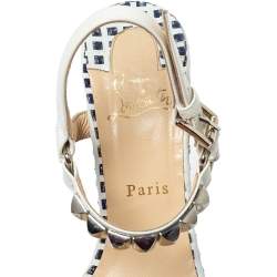 مملوكة مسبقًا Christian Louboutin White/Blue Studded Leather Cataclou Espadrille Wedge Sandals Size 38