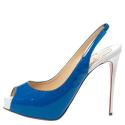 Pre Owned Christian Louboutin Blue/White Patent And Leather Private Number Peep Toe Slingback Sandals Size 37.5