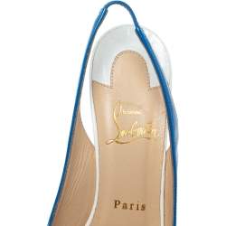 Pre Owned Christian Louboutin Blue/White Patent And Leather Private Number Peep Toe Slingback Sandals Size 37.5