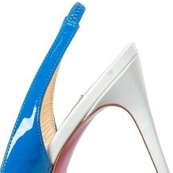 Pre Owned Christian Louboutin Blue/White Patent And Leather Private Number Peep Toe Slingback Sandals Size 37.5