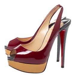 Pre Owned Christian Louboutin Tricolor Patent Leather Lady Peep Toe Platform Slingback Sandals Size 37