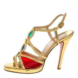 Pre Owned Christian Louboutin Metallic Gold Leather Strappy Sandals Size 37