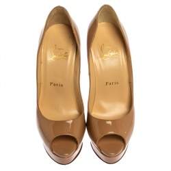 Pre Owned Christian Louboutin Beige Patent Leather New Prive Peep Toe Platform Pumps Size 36