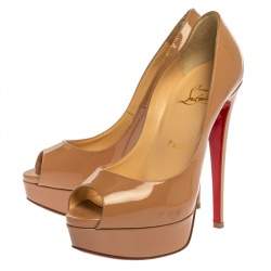 Pre Owned Christian Louboutin Beige Patent Leather New Prive Peep Toe Platform Pumps Size 36