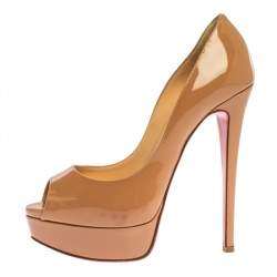 Pre Owned Christian Louboutin Beige Patent Leather New Prive Peep Toe Platform Pumps Size 36