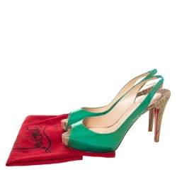 Pre Owned Christian Louboutin Green Patent Leather Private Number Peep Toe Slingback Sandals Size 38